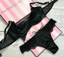 NWT Victoria's Secret Black DREAM ANGELS Bow Unlined Balconette Bra Thong Set