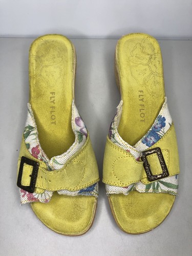 FLY FLOT Anti Shock Yellow Suede Floral Buckle Wedge Sandals Women 41EU/10.5M US - Picture 7 of 16