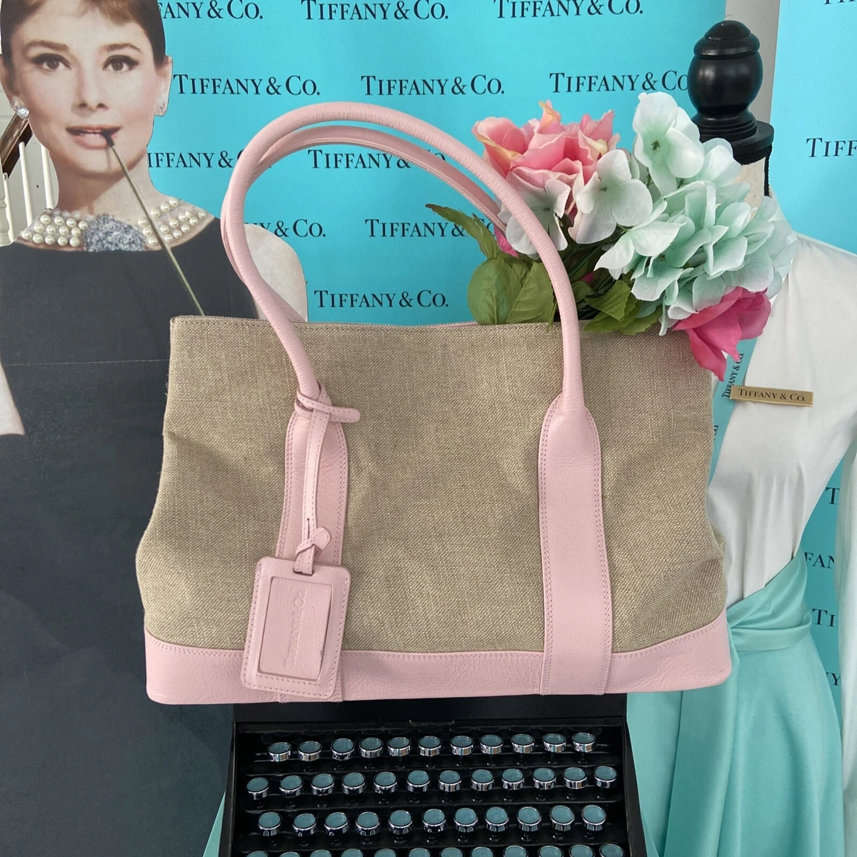 Tiffanyu0026Co Beige Pink Purse Tote Canvas Leather ID Tag Charm Gift Bag  Tissue | eBay