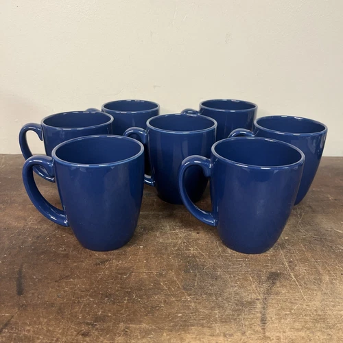 Set of 7 Corelle Stoneware China Dark Navy Blue Coffee Mugs Cups 10 oz