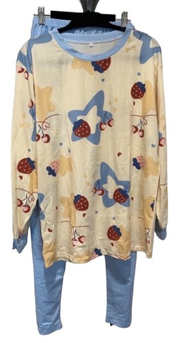Cartoon Strawberry & Star Print Pajama Set
