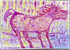 Tableau Peinture cheval mustang Poney Pur sang 21x30cm/feuille signé S. Dez