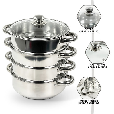 STAHL INDUKTIONSKOCHFELD DAMPFGARER 4 ETAGEN 24 CM MULTI GEMÜSE S/S HERD TOPF PFANNE MIT GLASDECKEL