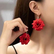 Bright Red Rose Flower Hoop Earrings Women Elegant Party Stage 14K Gold Plated