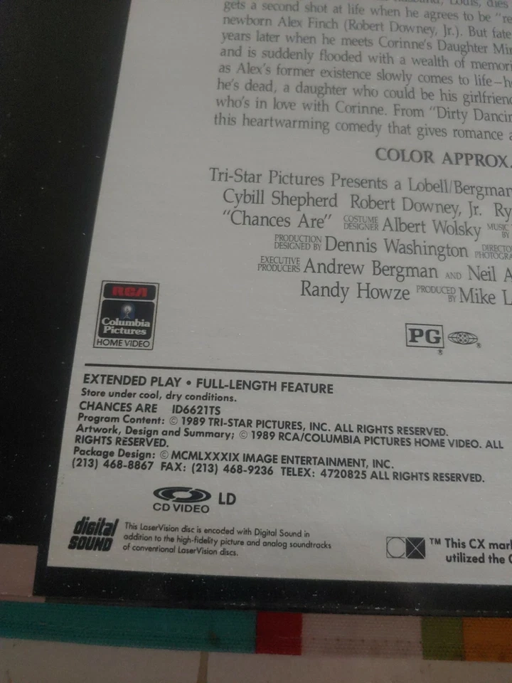 Chances Are Laserdisc 1989 Tri Star Image Cybill Shepherd Robert Downey Jr - Image 3 of 4