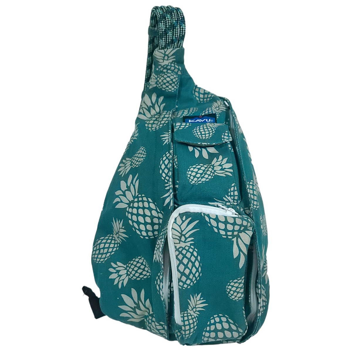Kavu Rope Sling Bag Teal Pineapple Print Multiple Zipper Pockets
