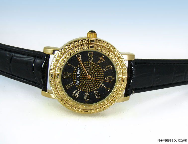 Genevex by PAUL DUPREE Women's Gold-Tone BLACK LEATHER Quartz WATCH