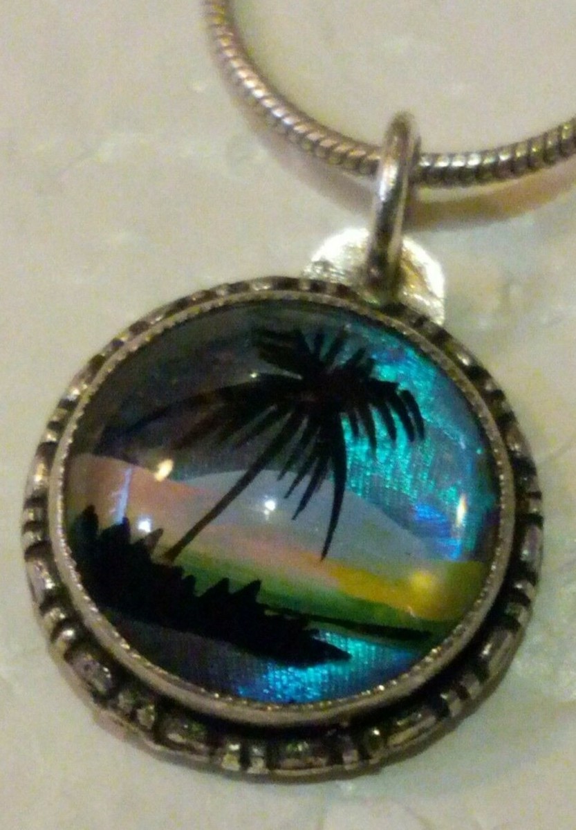Art Deco Sterling Silver TROPICAL SCENE Butterfly Wing Pendant  16