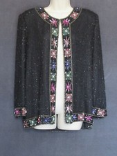 Laurence Kazar Black Beaded Rainbow Floral Sequin Long Sleeve Formal Jacket XL