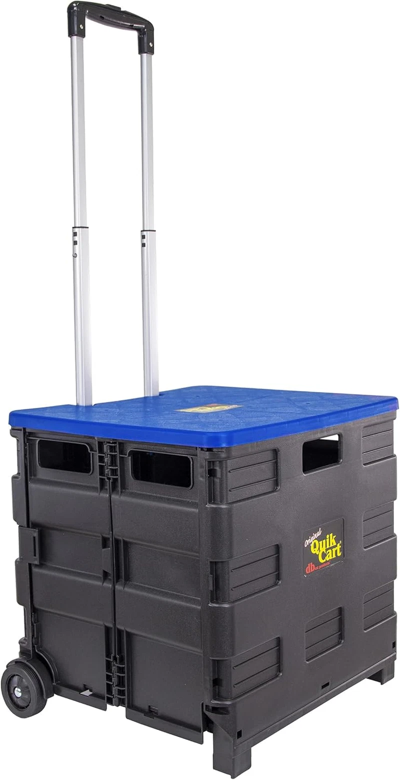 Quik Cart Collapsible Rolling Crate on Wheels - 80 Lbs Capacity, Blue Lid