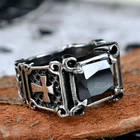 Men's Retro Crusader Templar Cross Black Onyx Gemstone Stainless Steel Ring