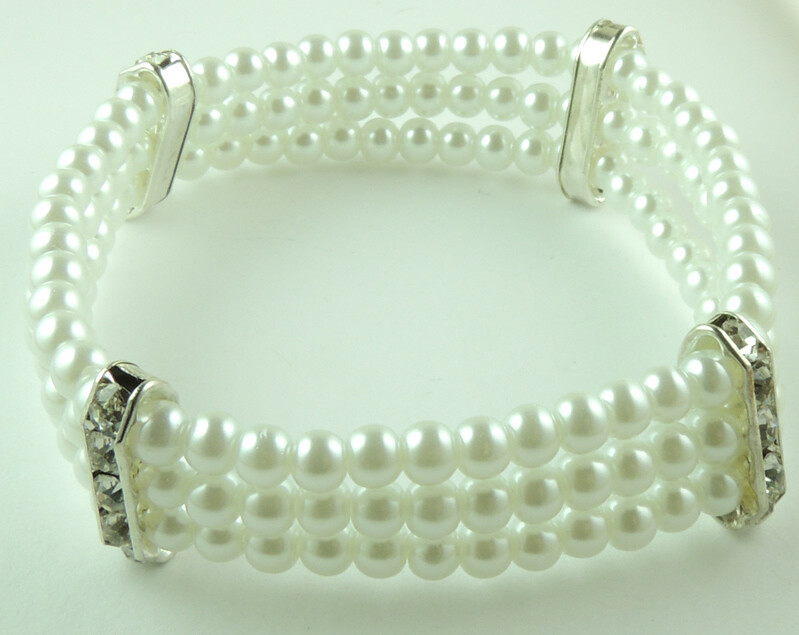 Bridal 3 Row Pearl Stretch Bracelet with Rhinestones Statement Handcrafted