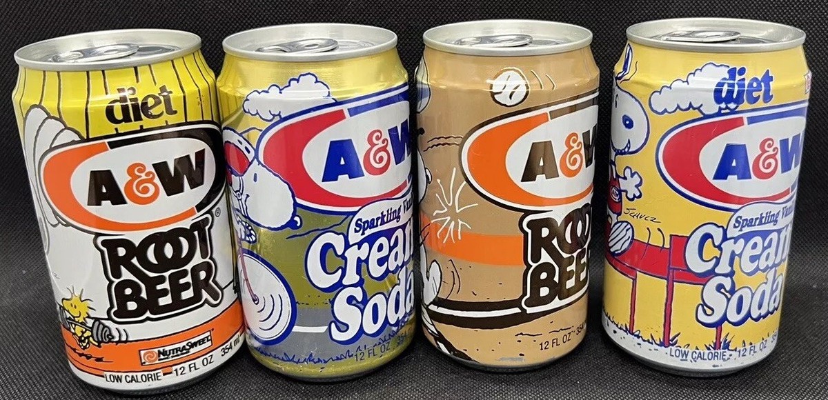 Vintage A&W Root Beer Cream Soda Diet Set of 4 Empty Cans Snoopy