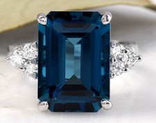 8.85 Carats Natural LONDON BLUE TOPAZ Diamond 14K Solid White Gold Ring