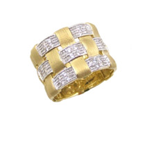 14k Yellow Gold Artisan Statement Basket Weave Design 0.28 Ct Diamond Wide Ring