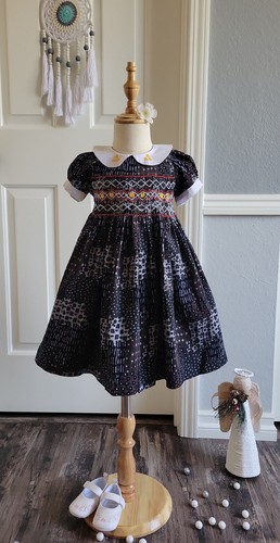 Corduroy Hand-Smocked Embroidered Baby Girl Dress / Girl Special Occasion Dress. - Picture 6 of 7