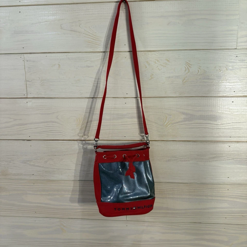 Vintage Tommy Hilfiger Bucket Bag Purse Red Canvas Drawstring Handbag Y2K 90’s - Image 2 of 4