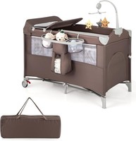 COSTWAY 5 in 1 Travel Cot Folding Baby Playard with Bassinet Mattress  Music Box