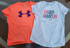 2 UNDER ARMOUR T SHIRTS, White with Logo Coral One with Logo, Youth Girl's M