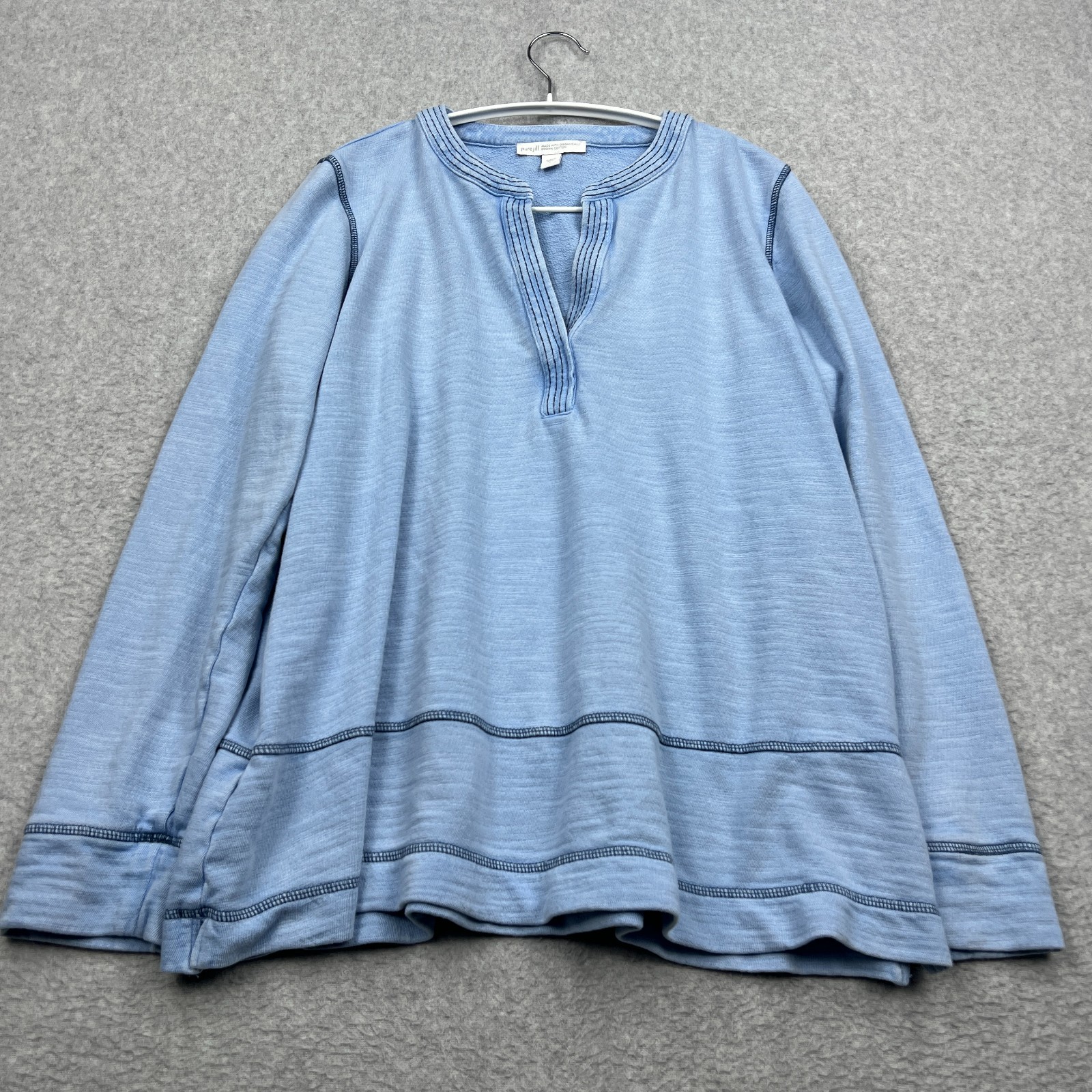 J Jill Top Womens Large Blue Long Sleeve Organic Cotton V-Neck Pullover Shirt