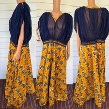 African Maxi Dress Sheer Grecian Blue Rich Yellow Gold Print