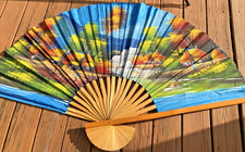 Vintage Hand Painted Chinese Folding Bamboo Wall Fan Extra Large Decorative
