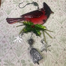 Vgt Metal & Stained Glass  16" Christmas Red Cardinal Bird Wind Chime