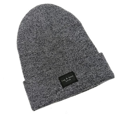 Rag & Bone Addison Beanie Grey Marled Knit Wool Blend Hat Logo Patch