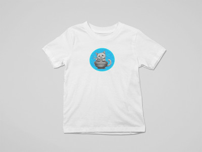 Cat Slurping Noodles Blue Globe Moon White Youth T-Shirt S Soft Style Kid's Tee