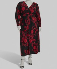 Tommy Hilfiger Women's Black Floral Smocked Cuff Midi Dress Plus Size 16W