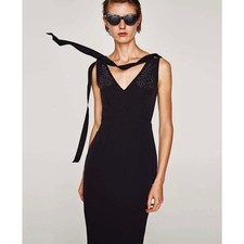 ZARA black embellished midi formal dress  bows Ref US v-neck low bodycon back