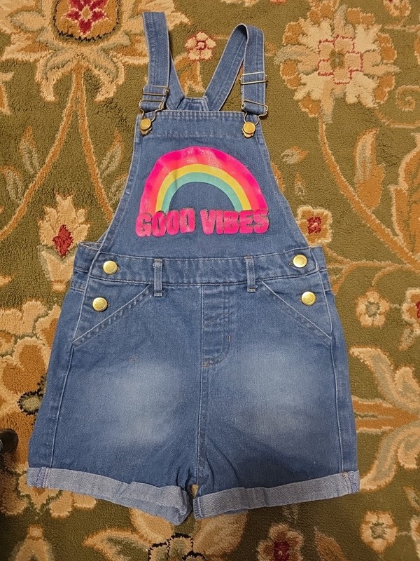 Girls Sz 14 GOOD VIBES bright Print Denim Cuffed Shortalls
