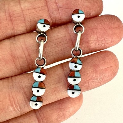 Zuni Sunface Stud Earrings Turquoise Post Inlay 1'' Sterling Signed Native Amer