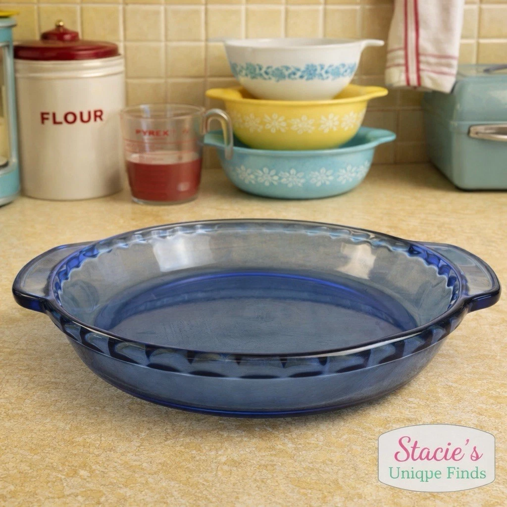 Vintage Blue Glass Pie Dish w Handles 10” Scalloped Edge Casserole MCM