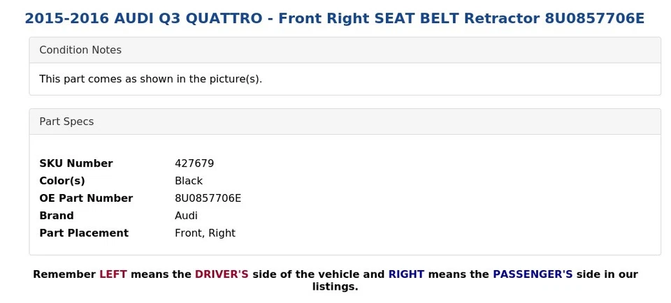 AUDI Q3 QUATTRO 2015-2016 - CINTURÓN DE SEGURIDAD DELANTERO DERECHO RETRACTOR 8U0857706E Foto 3 de 4