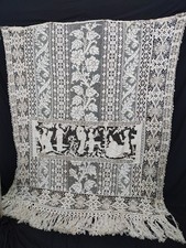 antique French linen lace embroidered tablecloth hanging figured needlework A107