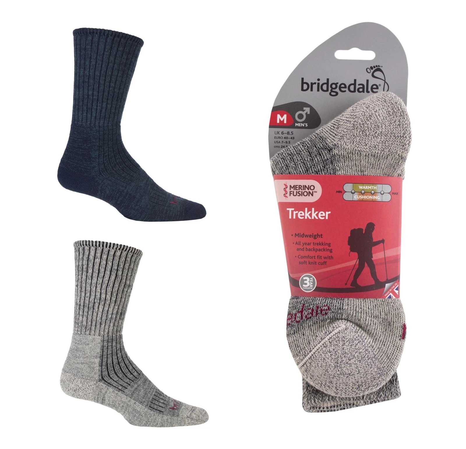 Bridgedale Socks Mens Padded Comfort Trekker All Day Trekking Hiking 1 Pair Pack