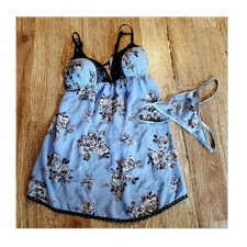 Apt. 9 Babydoll Slip Dress and Thong set Blue Floral Lace Adjustable Straps