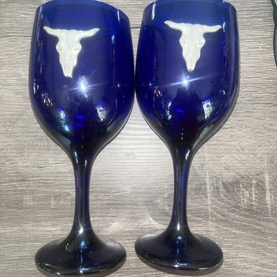 (2)Vintage Libbey Wine CobaltBlue Wine Glasses With A pewter SteerSkull 7 1/2 in