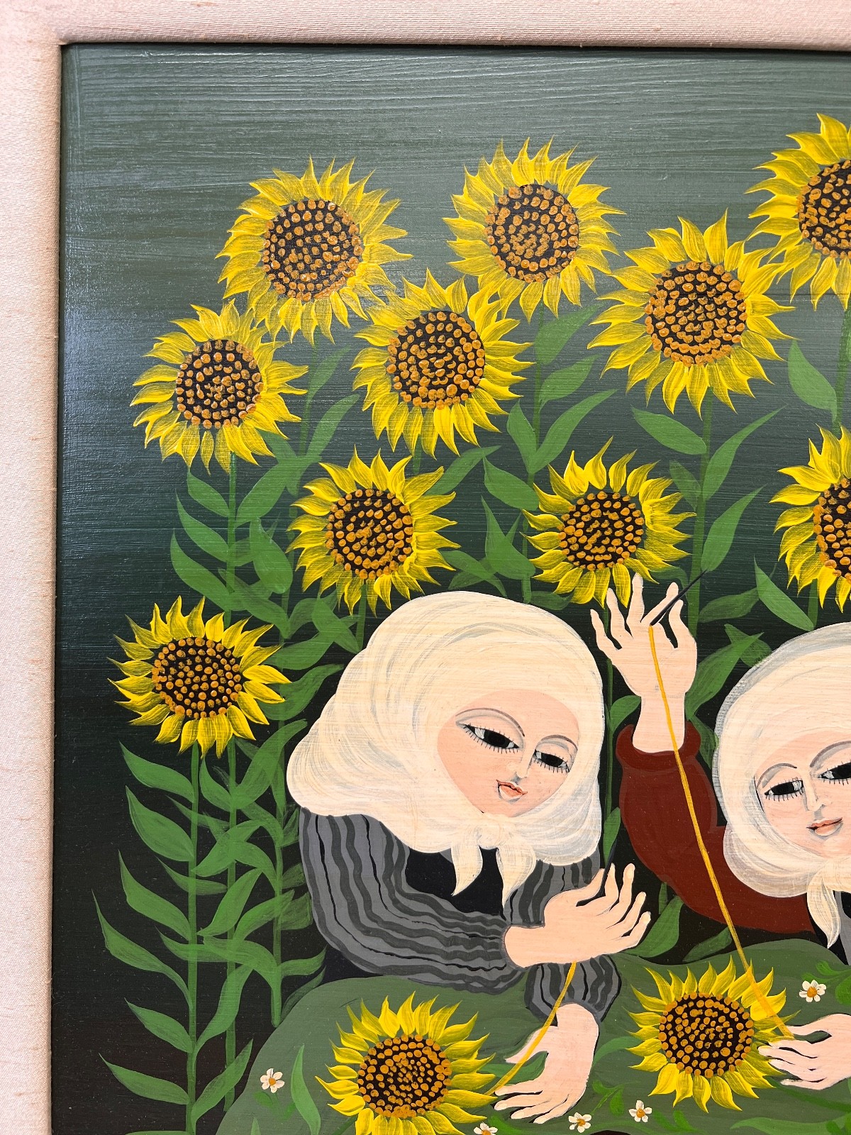 Carlos Perteagudo “Three Figures and Sunflowers” Signed Oil on Board Folk Naïve