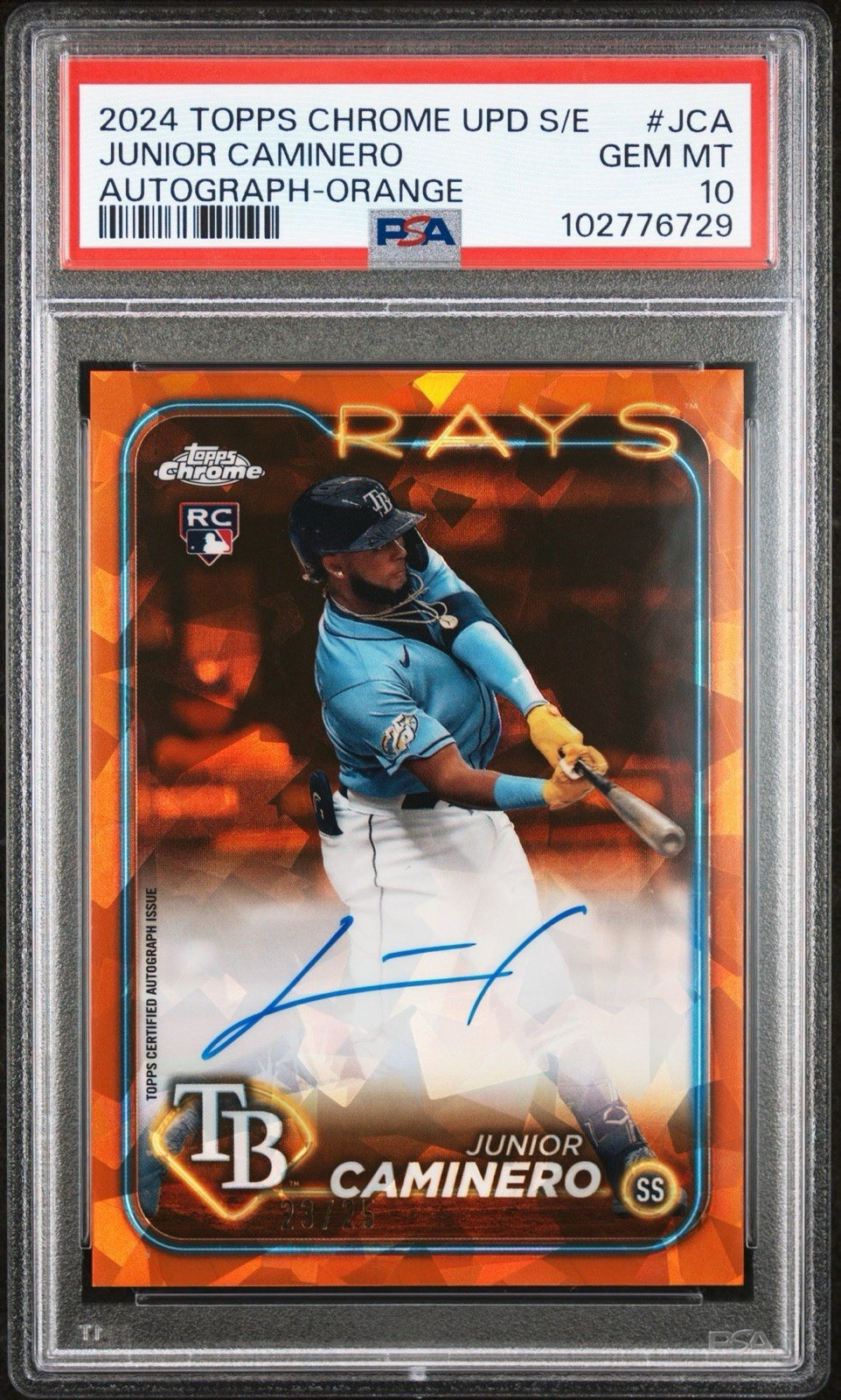 2024 JUNIOR CAMINERO Topps Chrome Sapphire Update Orange AUTO /25 RC PSA 10 💎