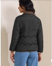 Women's Black Puffer Jacket Brown Collar Collared Button Front Long Sleeve S