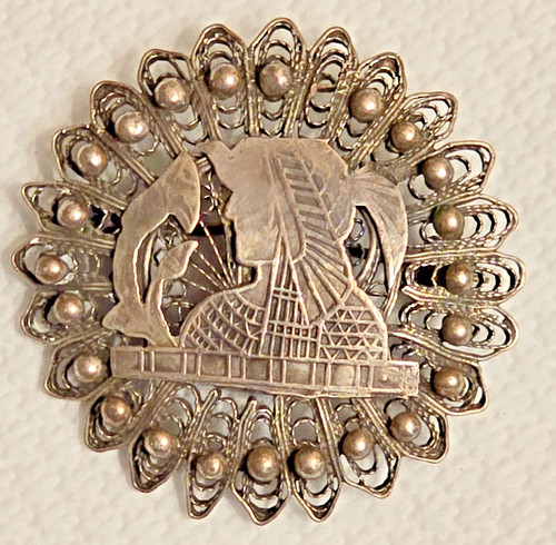 ANTIQUE SILVER BROOCH, PIN - EGYPTIAN QUEEN, LOTUS, FILIGREE BORDERS, HANDMADE