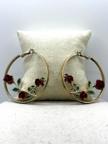 Carved Metal Red Rose Flower Vine Gold Tone 2 Inch Hoop Earrings - Picture 20 of 24