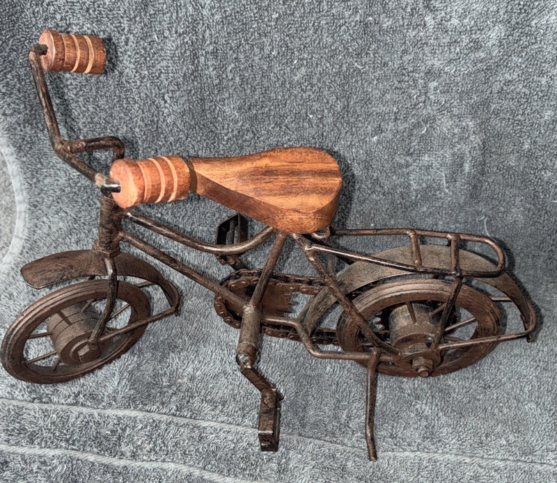 Metal and wood miniature bicycle home decor Handcrafted Display. Wheel Moves