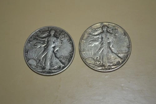 PAIR OF (2) 1944S 1945D WALKING LIBERTY HALF DOLLAR COINS 90% SILVER FINE+