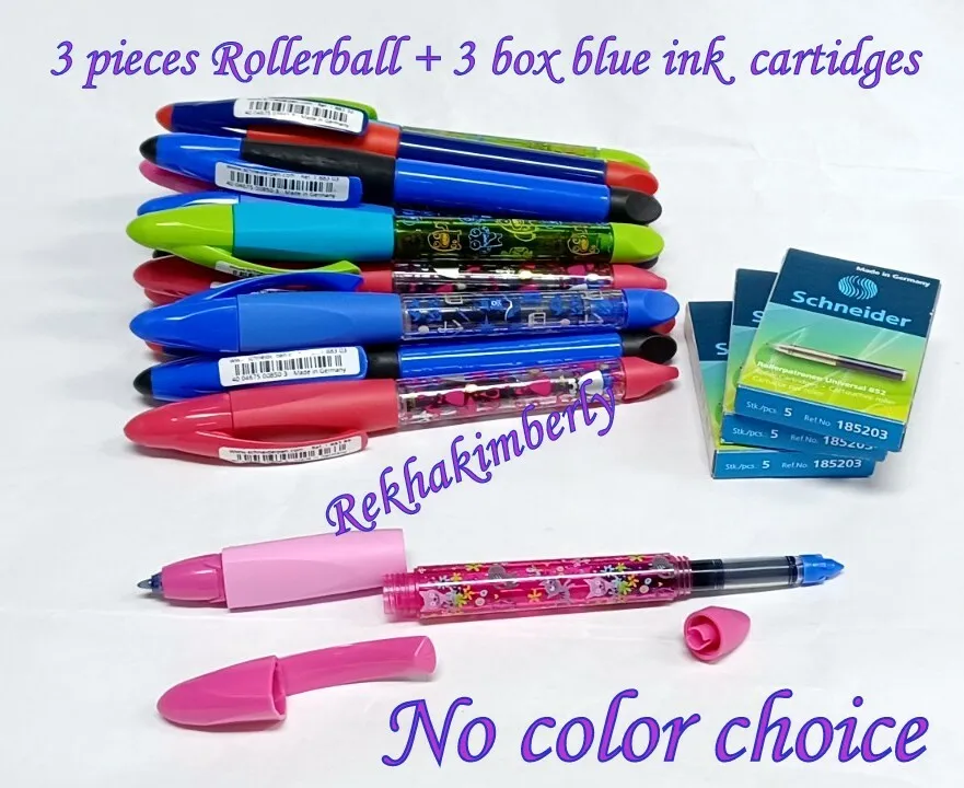 3pcs Schneider Base Rollerball Pen +3 Boxes Blue Ink Cartridge No