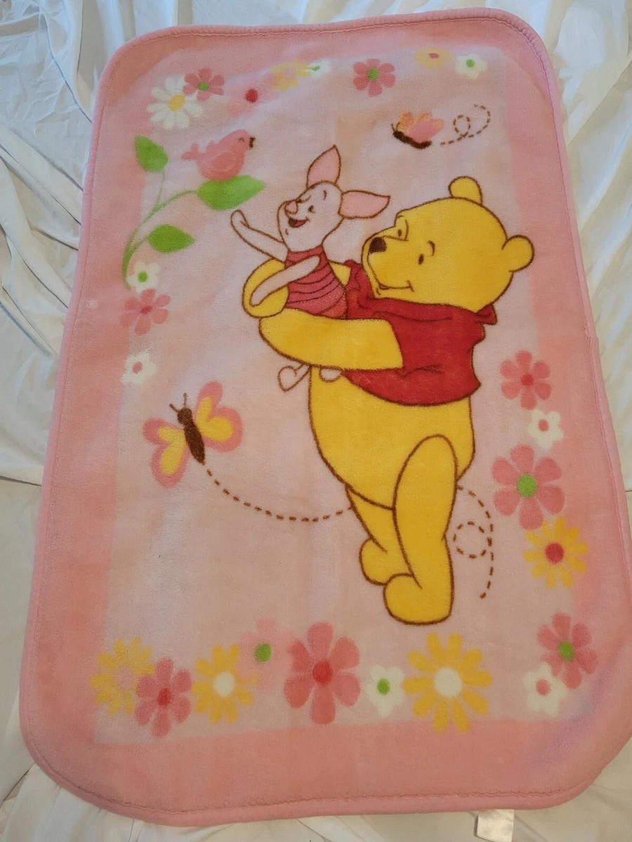 Vintage Disney Winnie The Pooh Piglet Fleece Baby Blanket Pink flowers bird