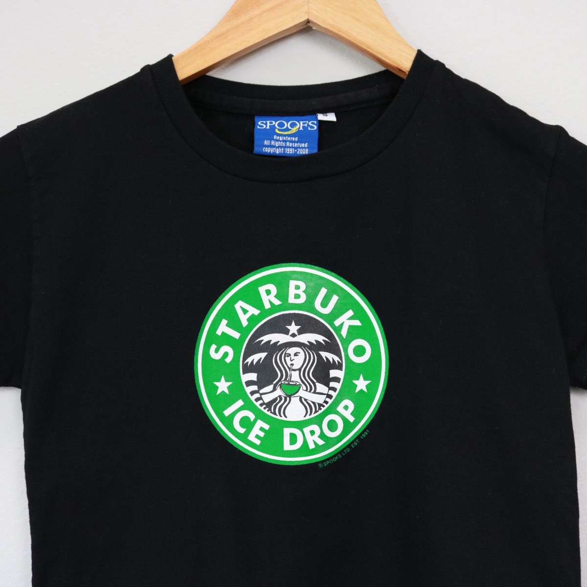 Spoofs Black Starbucks Starbuko Ice Drop Humor Tee Shirt Women's