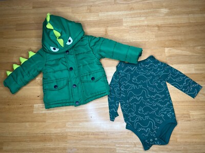Little Me 12 Month Baby Boy Green Dinosaur Winter Coat w
